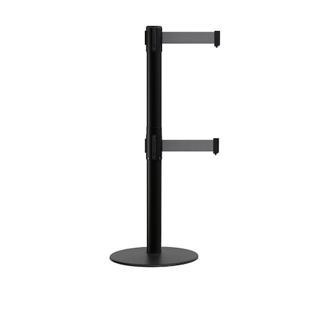 Montour Line Stanchion Dual Belt Barrier Flat Base Black Post 11ft.Dk Gray Belt MX630D-BK-DGY-110